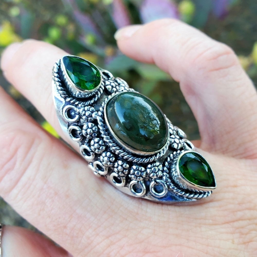 New Green Moss Agate and Peridot Silver Statement Ring.